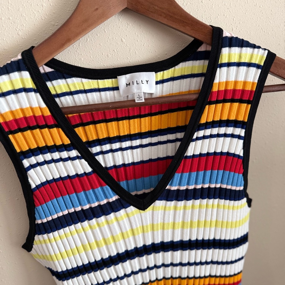 Milly Striped Knit Dress Asymmetrical Hem V Neck Multicolor Size L - Picture 10 of 13